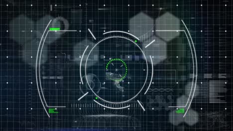 Animation-Von-Kreisen-über-Einem-Gittermuster-Vor-Radar,-Globus-Und-Ladebalken-Auf-Schwarzem-Hintergrund