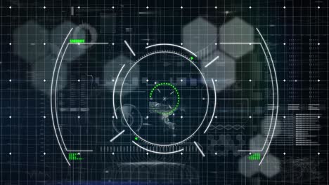 animación de círculos sobre el patrón de la cuadrícula contra el radar, el globo y las barras de carga sobre fondo negro