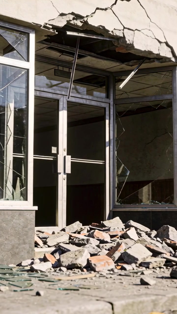 Video vertical: Cámara panorámica mostrando un escaparate dañado, puertas de cristal, un toldo derrumbado y escombros