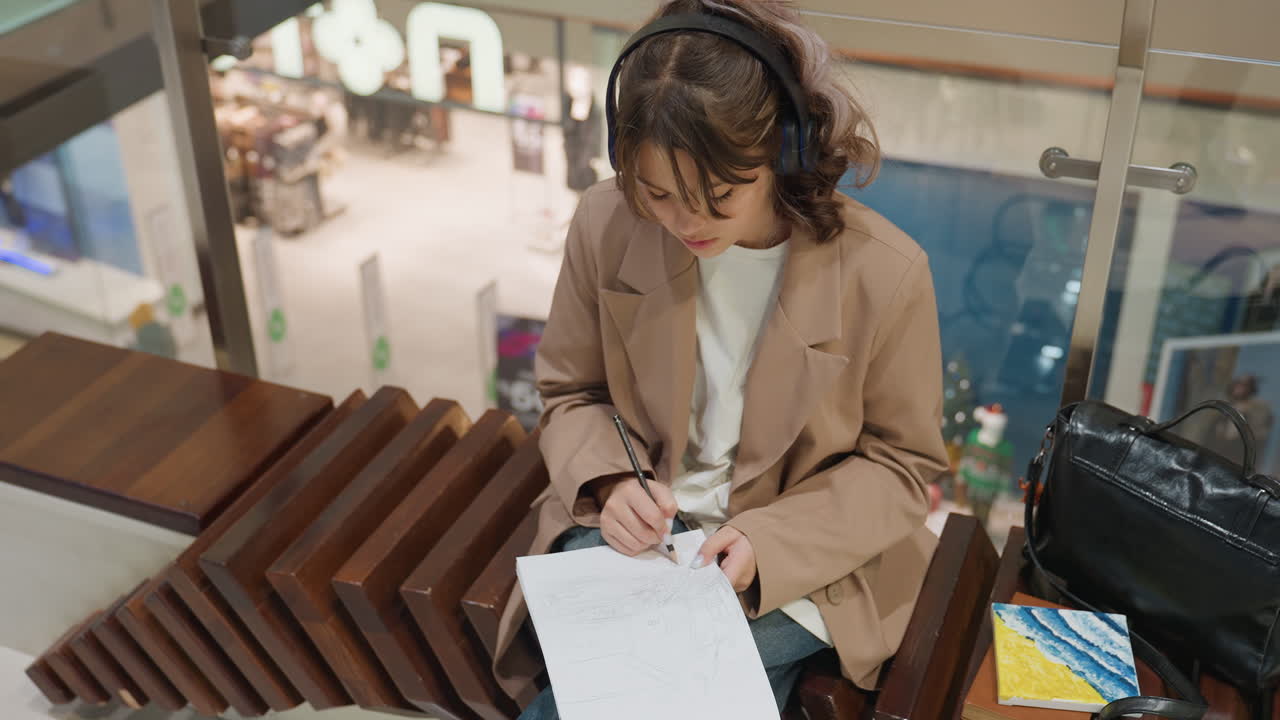 Toma cenital de una mujer escribiendo notas en un banco de madera con vistas a un concurrido atrio comercial; se ve un bolígrafo moviéndose sobre el papel, un bolso negro y una agenda; las luces ambientales de las tiendas y los compradores a lo lejos proporcionan contexto.