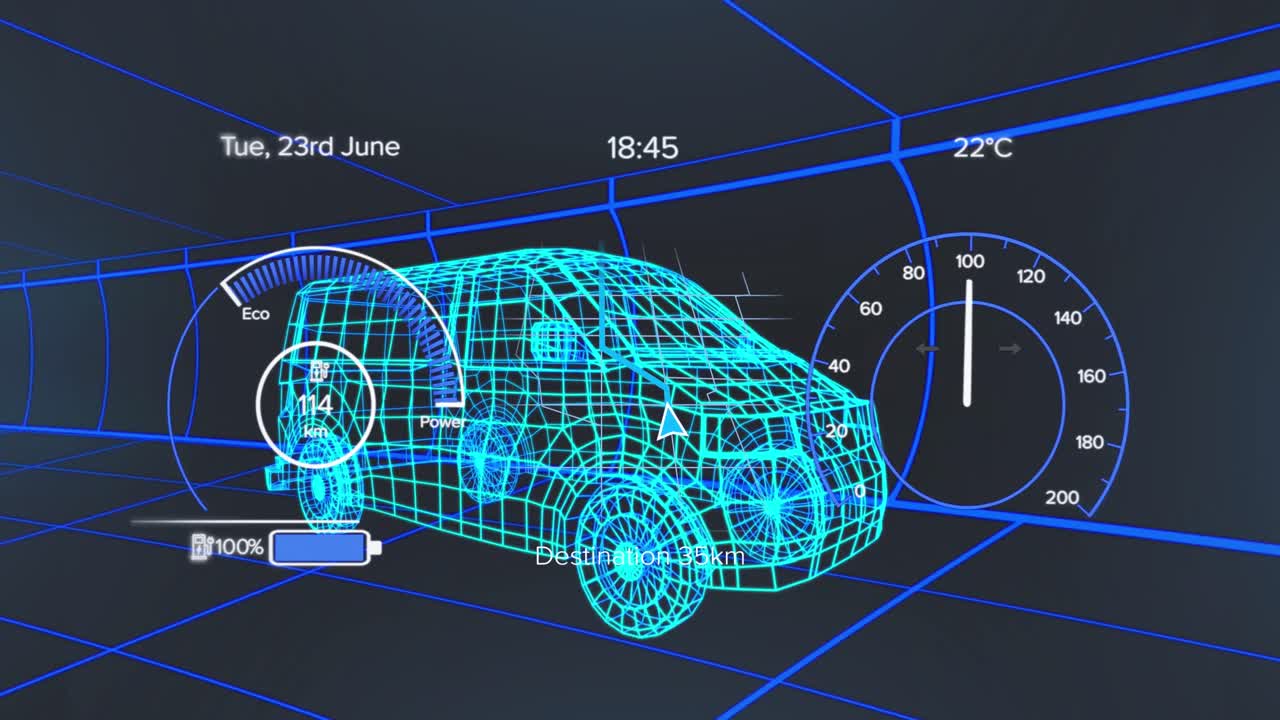 차량 인터페이스에 있는 스피도미터, gps 및 충전 상태 데이터의 애니메이션, 3d 밴 모델