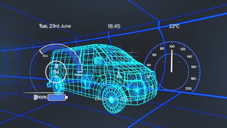 animación del velocímetro, el gps y los datos del estado de carga en la interfaz del vehículo, en un modelo de furgoneta 3d
