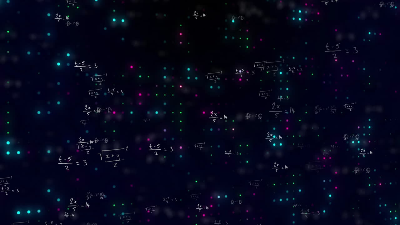 Animation of mathematical data processing over black background