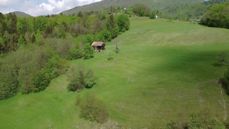 Green-spring-nature,-old-hay-barn-with-hunting-lookout-beside,-moving-cloud-shadow-at-hillside