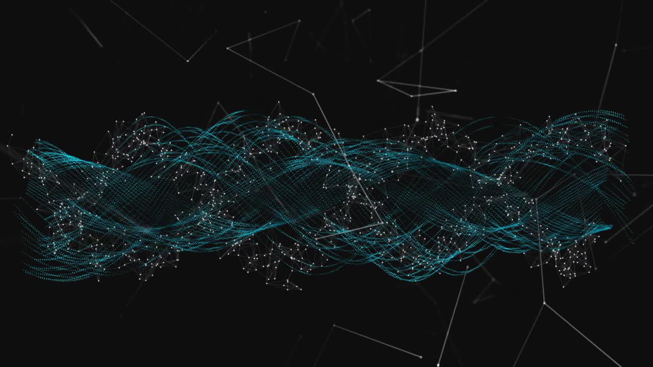 Glowing waves and Web of connections against black background