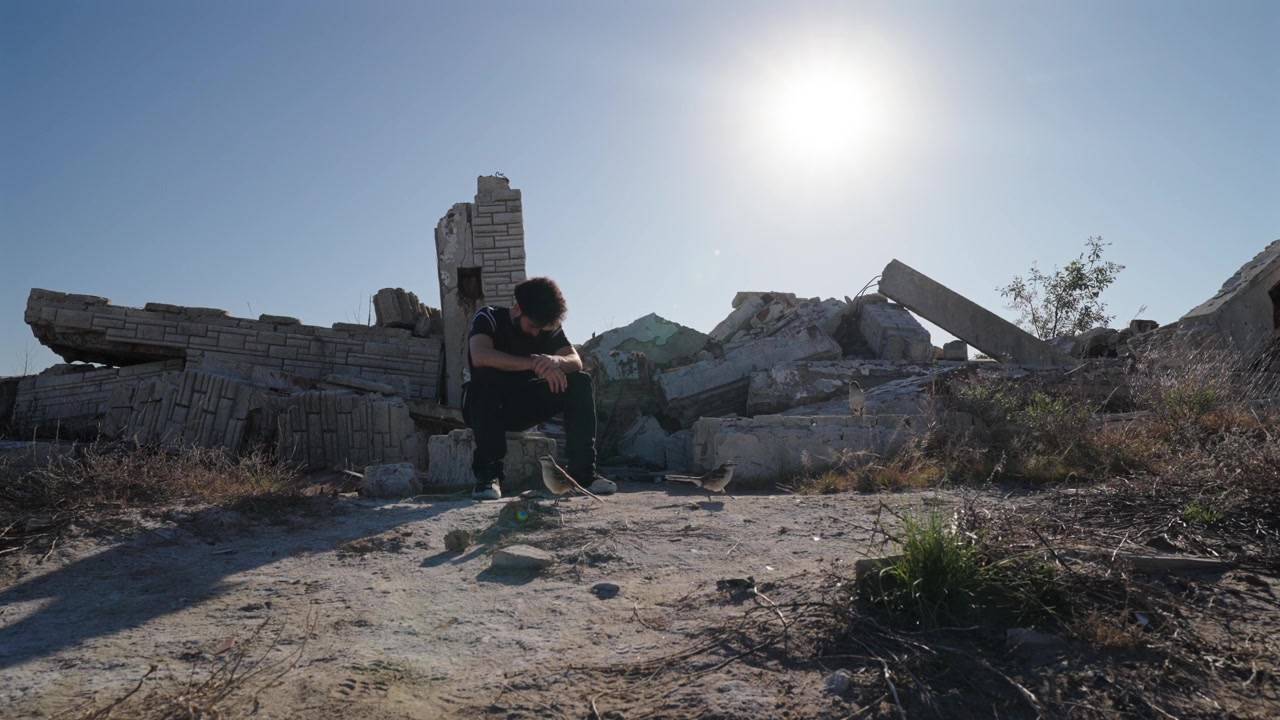 Un uomo solitario siede nella disperazione tra le macerie della città fantasma distrutta di Villa Epecuén.