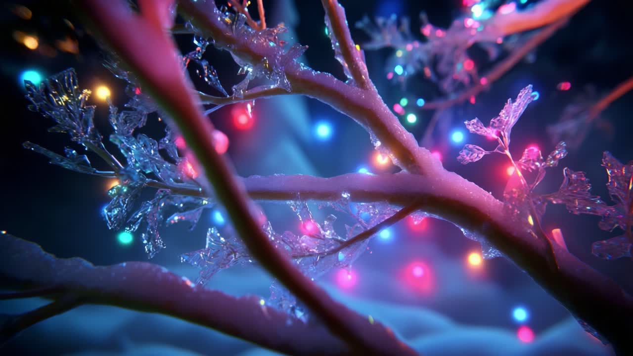 A Magical Winter Scene Featuring Frosty Branches Glittering with Ice, Adorned by Colorful Lights and Surrounded by a Dreamy Atmosphere, Capturing the Beauty of Nature During the Holiday Season
