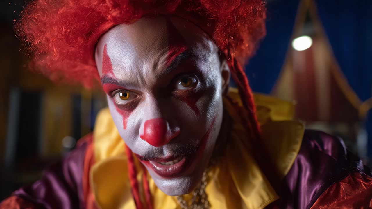 Uno sguardo ravvicinato a un clown da circo colorato con un trucco sorprendente e un'espressione inquietante, catturato in due fotogrammi di una performance video