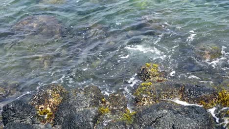 the ocean waves breaking on the rocks along the seashore