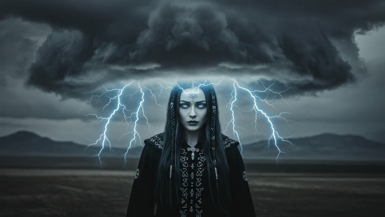 A Mysterious Figure Surrounded by Dark Storm Clouds and Lightning, Channeling Powerful Energy and Emotions in an Enigmatic Landscape