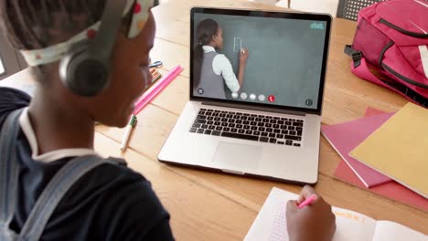 composición de una colegiala afroamericana en una computadora portátil aprendiendo en línea con una maestra