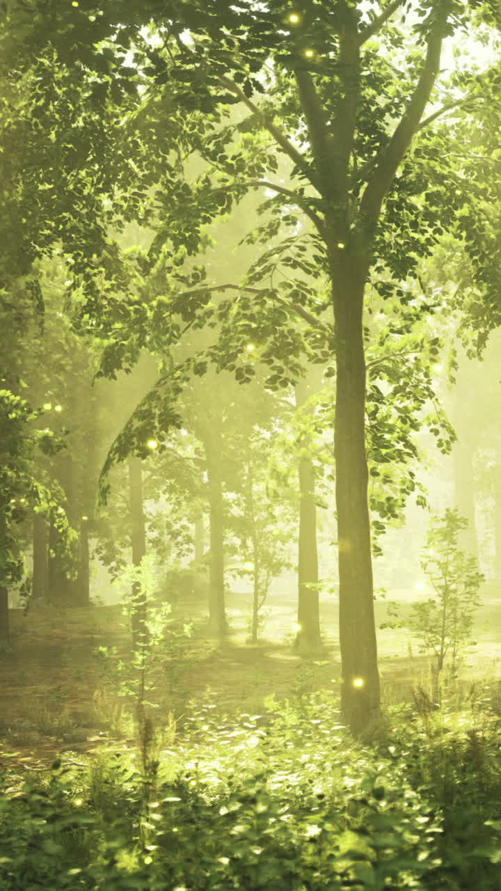 Sunlight filtering through green trees in a serene forest clearing