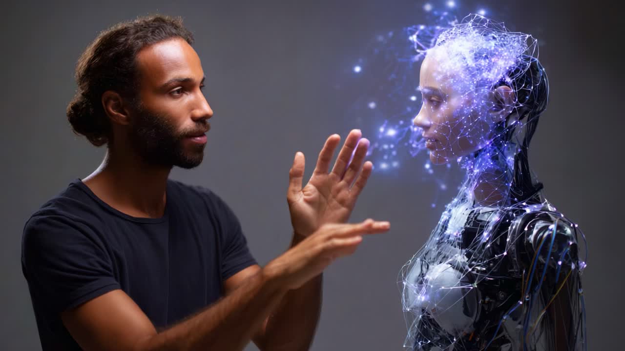 Un essere umano e un robot sono impegnati in un'interazione stimolante, esplorando le frontiere dell'intelligenza artificiale e la connessione umana in un ambiente futuristico