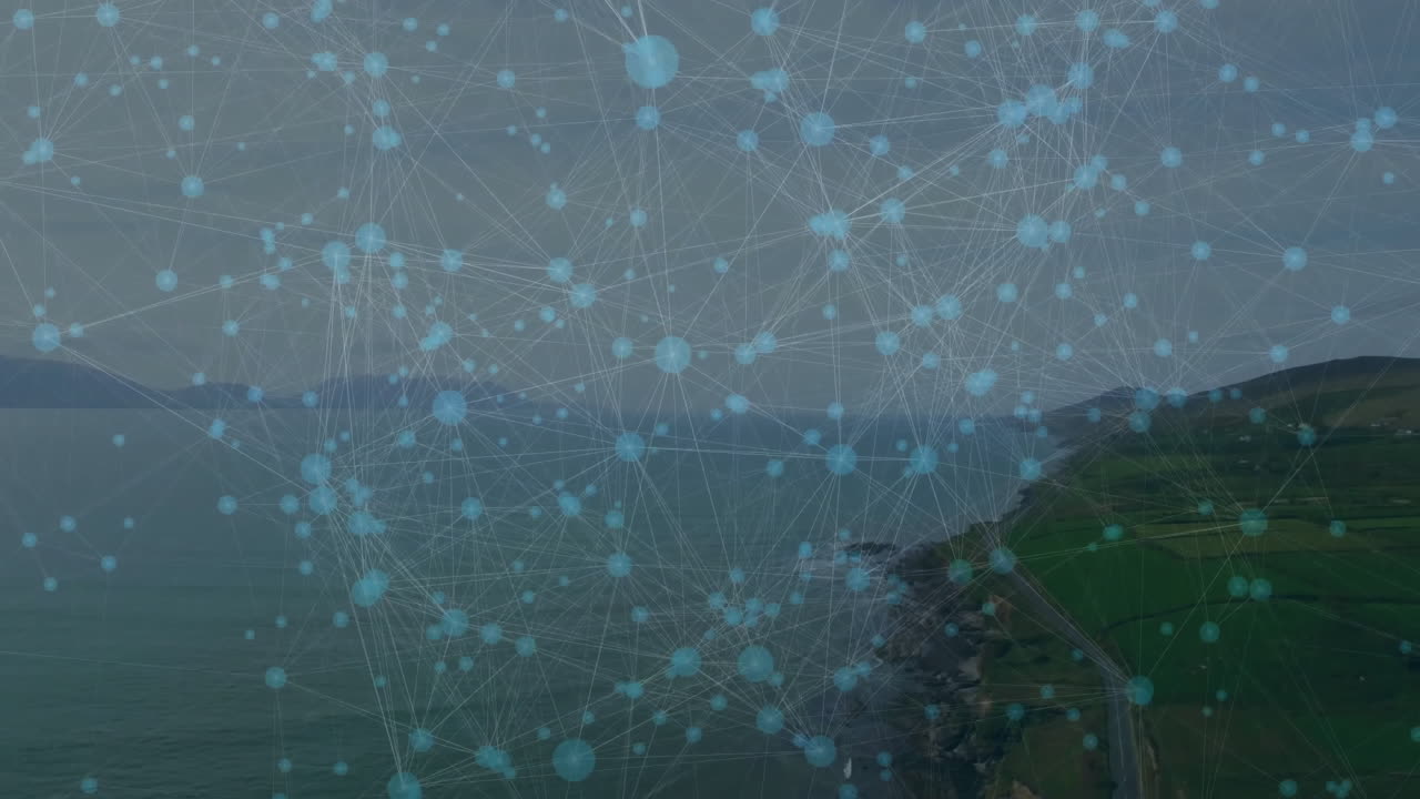 Network of connections and data processing animation over coastal landscape