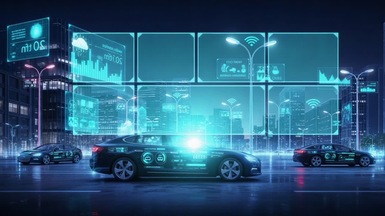 Futuristic Urban Landscape Featuring Smart Cars Interconnected through Advanced Technology and Data Visualization in a Digital City Setting at Night