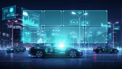 futuristic urban landscape featuring smart cars interconnected through advanced technology and data visualization in a digital city setting at night