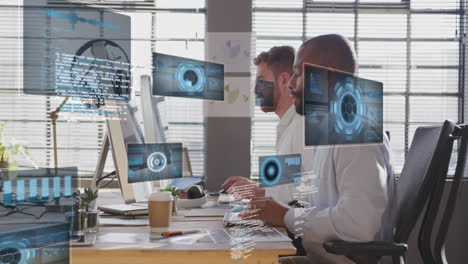 animación de escáneres redondos, procesamiento de datos sobre dos hombres diferentes usando computadora trabajando en la oficina