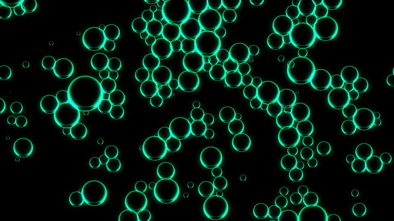 물속에서 움직이는 녹색 기름방울, 추상적인 배경, 밝은 어두운 배경 위에 상승하는 물 속의 다양한 공기 거품의 매크로, 기름 속의 공기 구들이 물 표면에 머물고 있다.