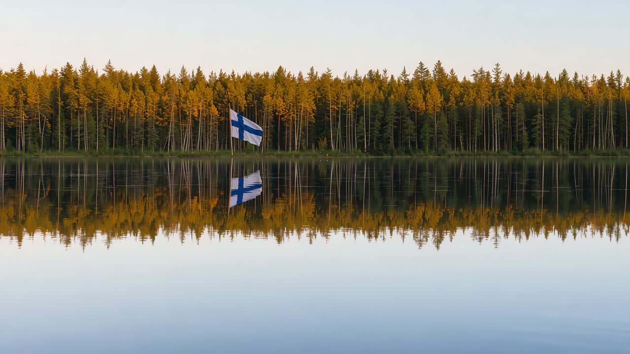 Fluttering Finnish flag responding to gentle breeze at lakeshore, reflecting in calm water