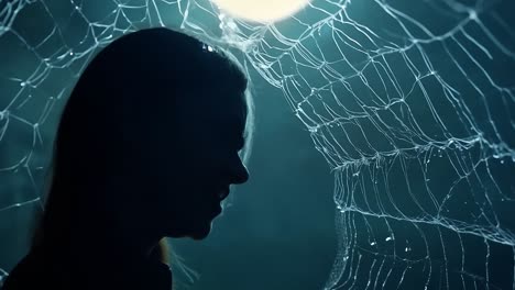 silhouette of a woman in a spider web at night