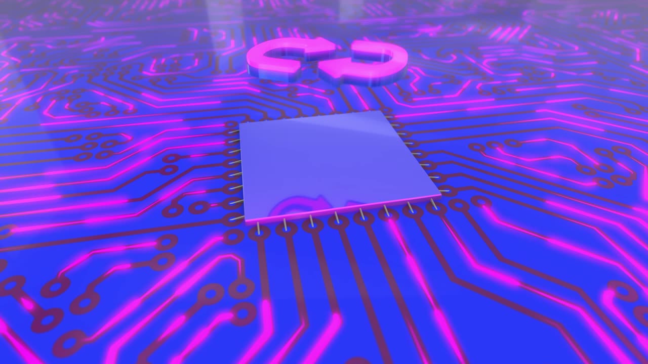 Blue and pink rotating computer circuit board concept exchange arrows loop 4K