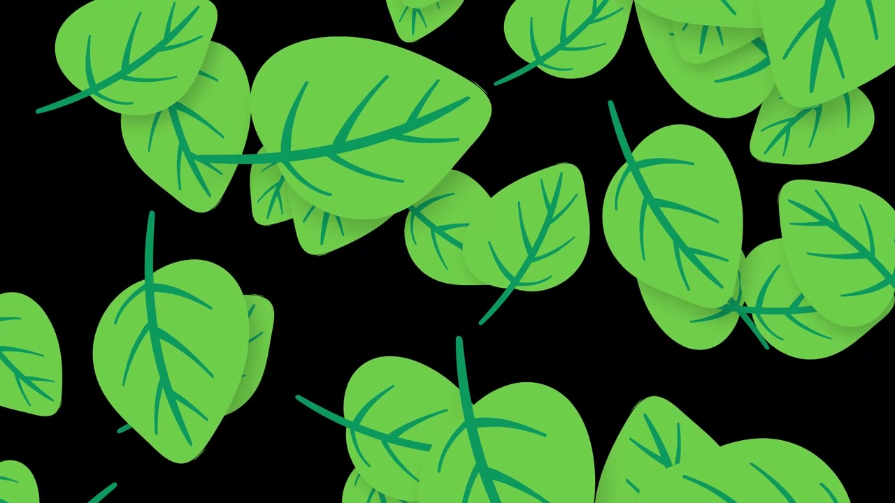 Stylized green leaves fall vertically in a playful animation over a dark background.