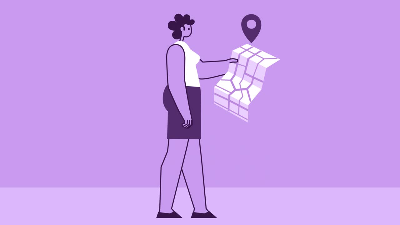 Purple Style Woman Flat Character Walking Cycle with GPS Map. Isolated Loop Animation with Alpha Channel