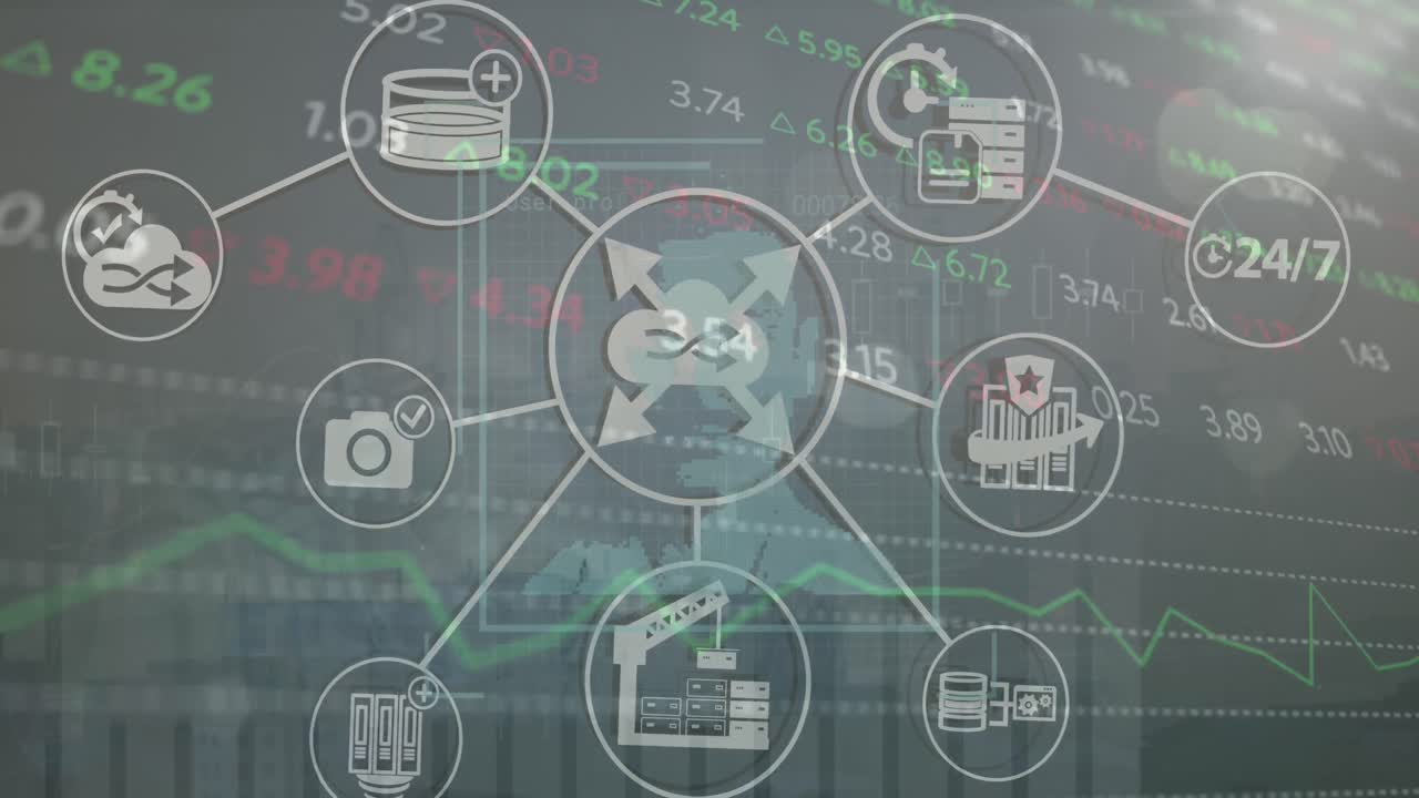 animación del procesamiento de datos financieros a través de una red de conexiones con íconos y retratos de personas.