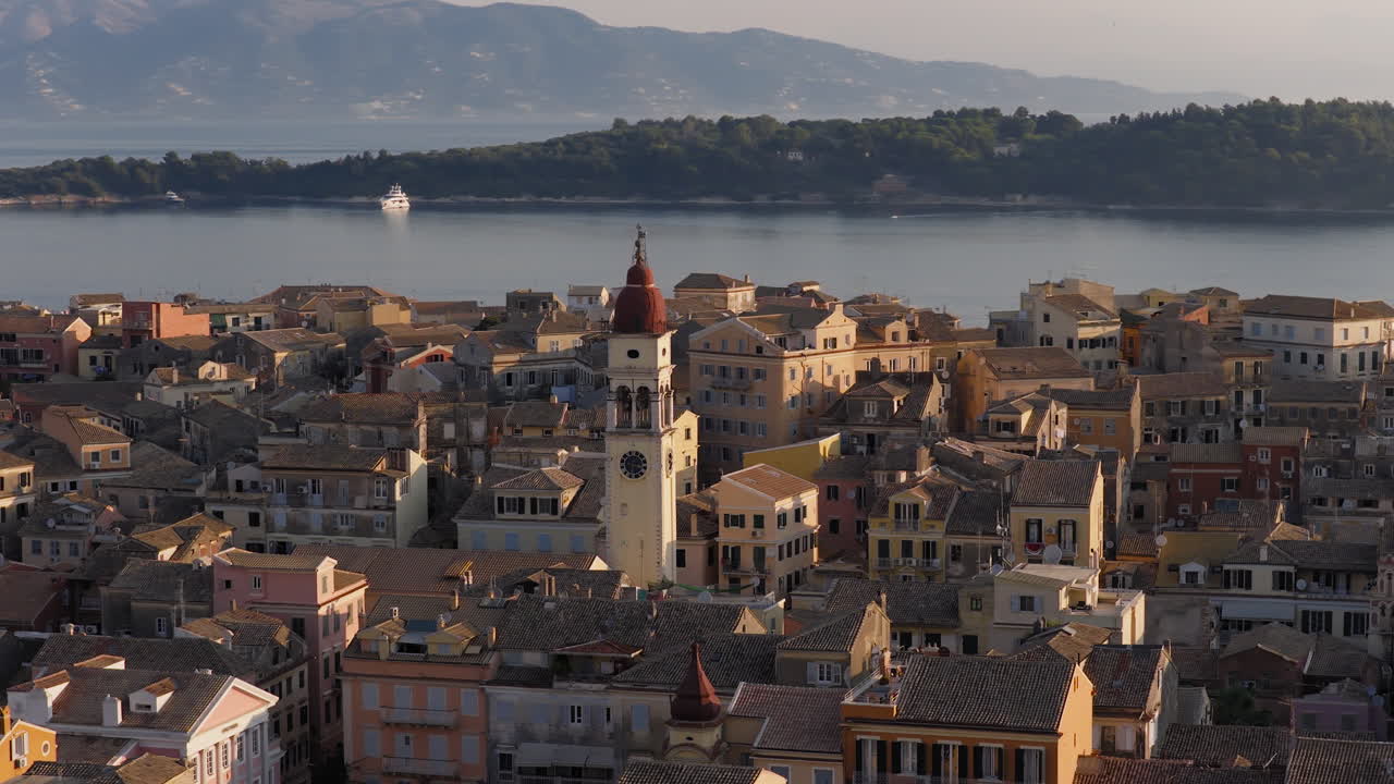 Aerial sunrise view of Saint Spyridon Church and colorful Old Town Corfu, Greece