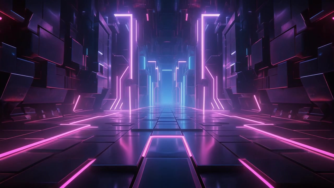Futuristic Sci-Fi Corridor with Glowing Pink and Blue Neon Lights