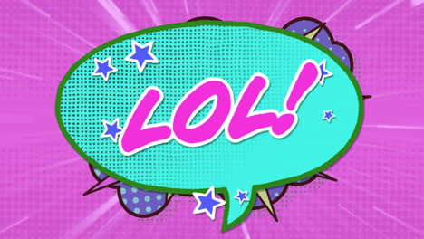 animatie van lol tekst over een retro spraak bubbel tegen licht sporen op paarse achtergrond