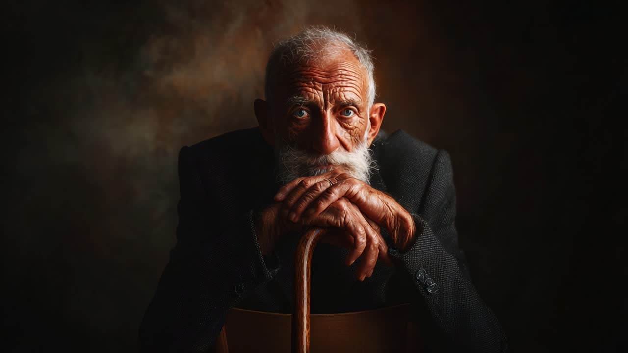 Un uomo anziano e riflessivo, con un'espressione saggia e una barba notevole, seduto su una sedia con le mani giunte, catturato in un'illuminazione drammatica che esalta il suo atteggiamento pensieroso