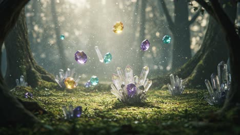 A Magical Forest Scene Featuring Vibrant Crystals Emerging from the Ground Surrounded by Lush Greenery and Enchanted Light, Creating a Dreamlike Atmosphere