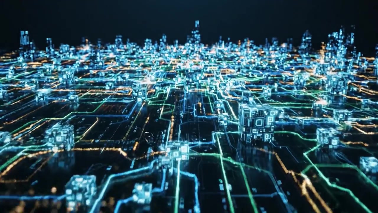 A Stunning Visualization of a Futuristic Digital Cityscape with Complex Networks, Illuminated Structures, and High-Tech Aesthetics, Captured in a Dynamic Transition from Darkness to Light.
