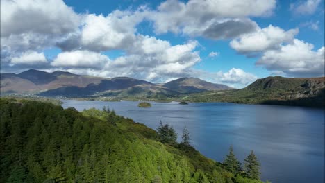 Derwent-Water-reveal-aerial-view,-Lake-District,-England,-UK