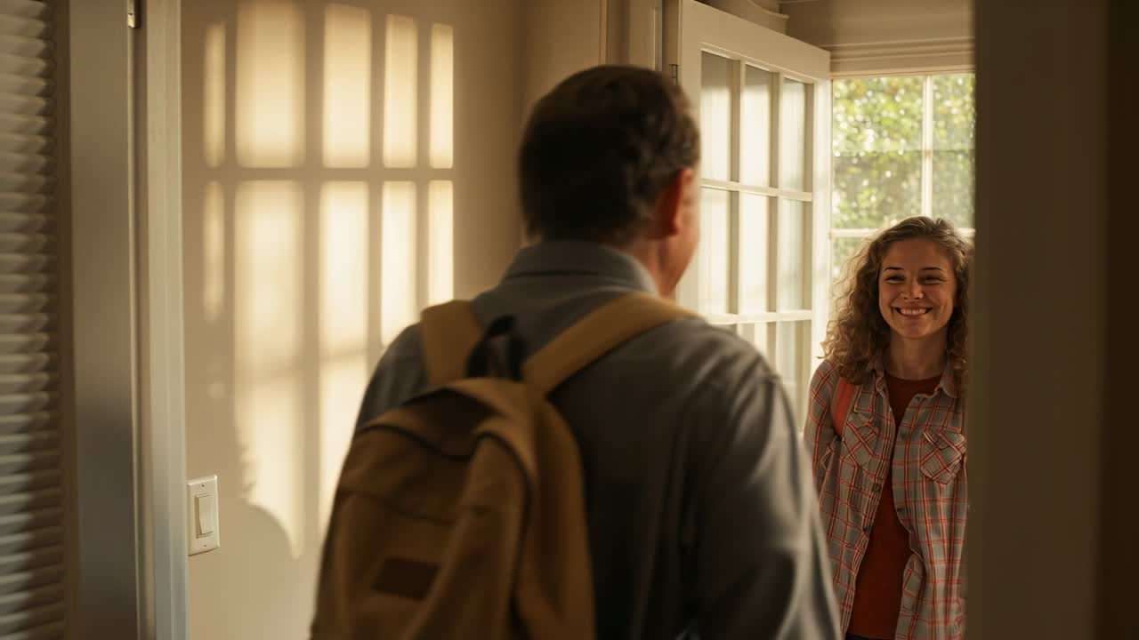 Extending hand teenage daughter with backpack arriving home, greeting father with tan backpack
