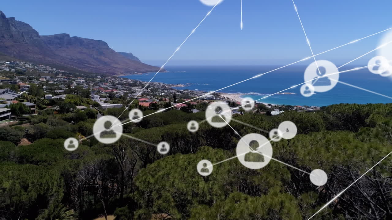 도시 풍경 위의 아이콘으로 연결된 네트워크의 애니메이션