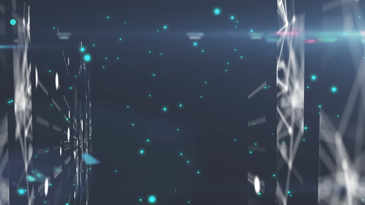 Glowing particles against screens of network of connections on blue background