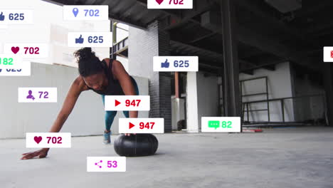 animation of multiple notification bars over african american woman doing push ups in gym