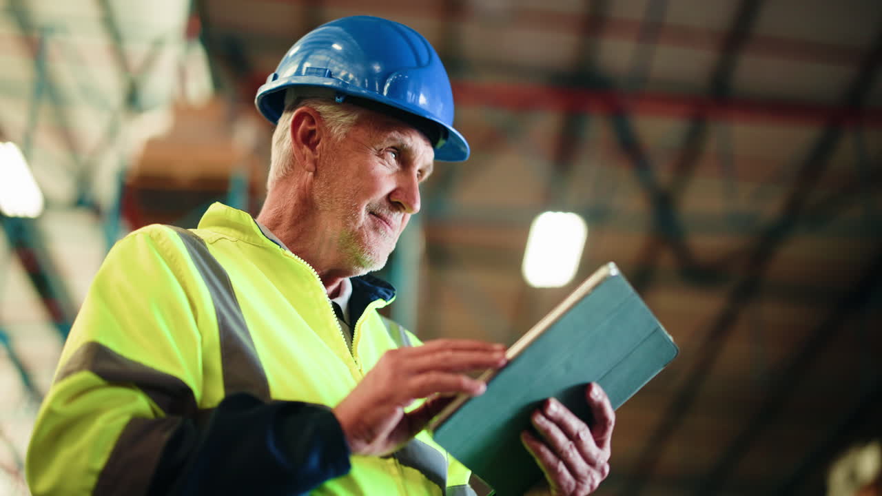 Senior Man in Hard Hat Using Tablet in Warehouse