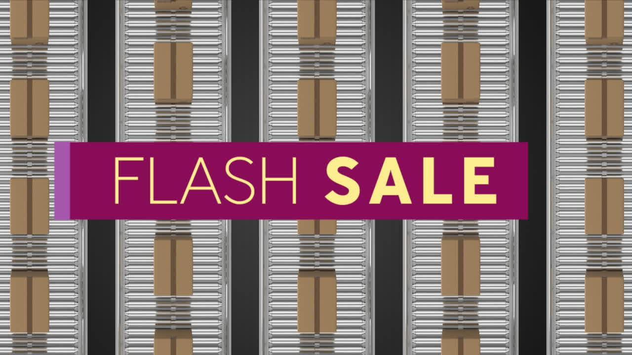 Flash sale graphic in dark pink banner on background of moving parcels