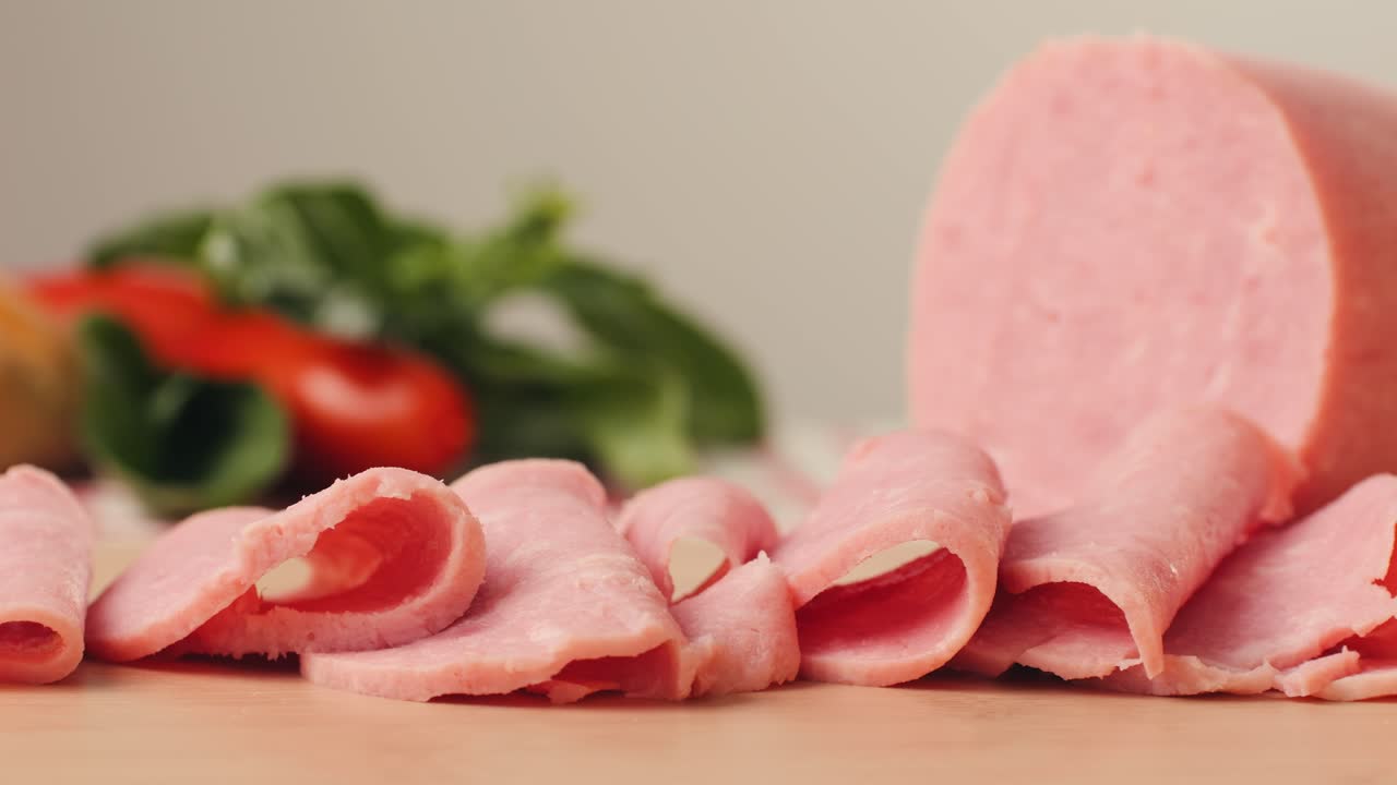 Ham italian mordatella, man Slices Of Traditional Italian antipasti mortadella sausage on a wooden cutting board, close up macro of chicken or turkey jamon, fat breakfast dish.