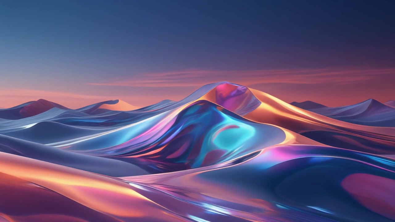 Paesaggio liquido iridescente astratto con dune metalliche luminose