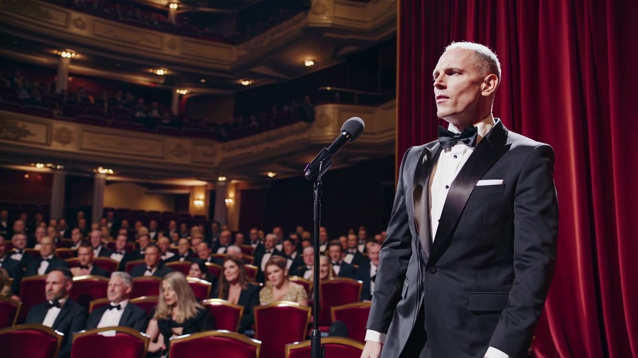 Uomo in smoking che parla sul palco a una grande cerimonia di premiazione