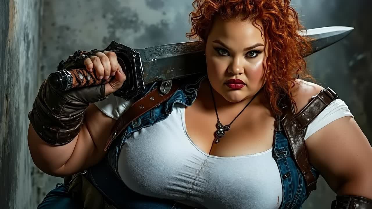 A woman with red hair holding a large knife in her hand