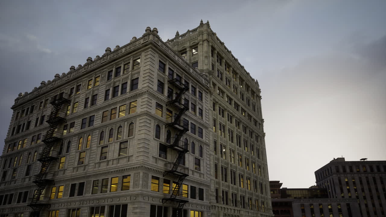 Historic building in urban landscape during twilight in a city