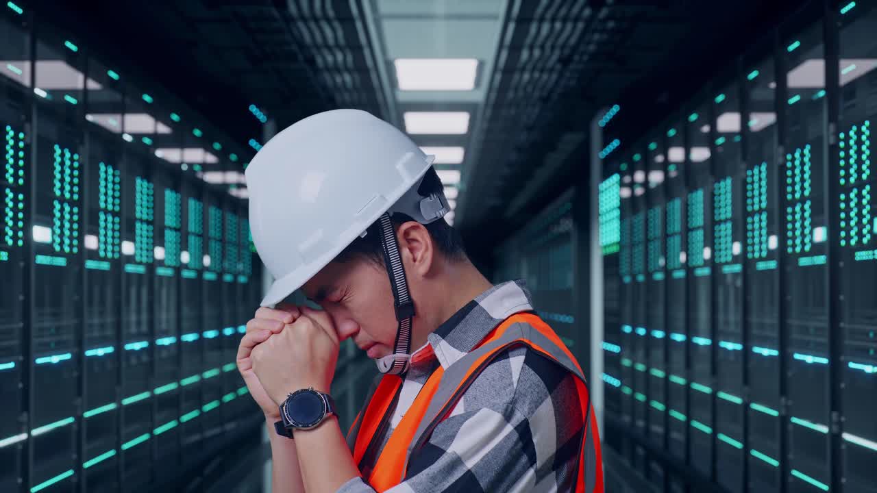 Close Up Side View Of Asian Male Engineer With Safety Helmet Pray For Something While Standing in Server Room Data Center