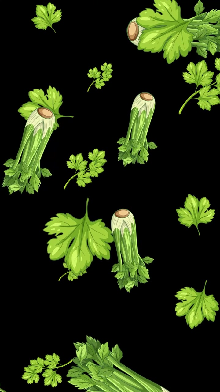 Animated green celery stalks and parsley leaves fall vertically against a solid black background.