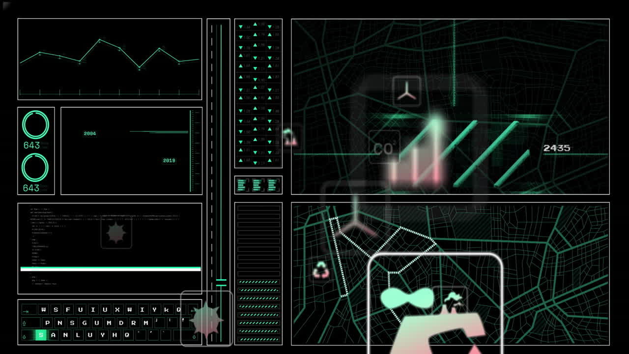 검은색 배경에 에코 아이콘과 데이터 처리의 애니메이션