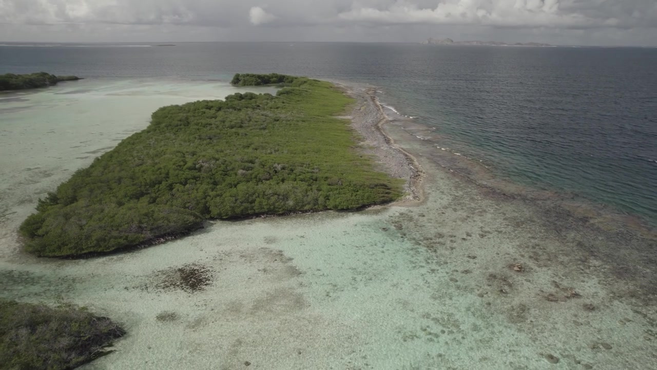 Luchtbeeld: Pan naar rechts over de Los Roques-archipel, groene tropische eilanden, koraalriffen en open oceaan in 4K log-beelden.